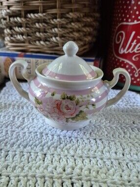 Nantucket Home "Pink Peony" Ceramic Floral Pink/White Stripes Sugar Bowl